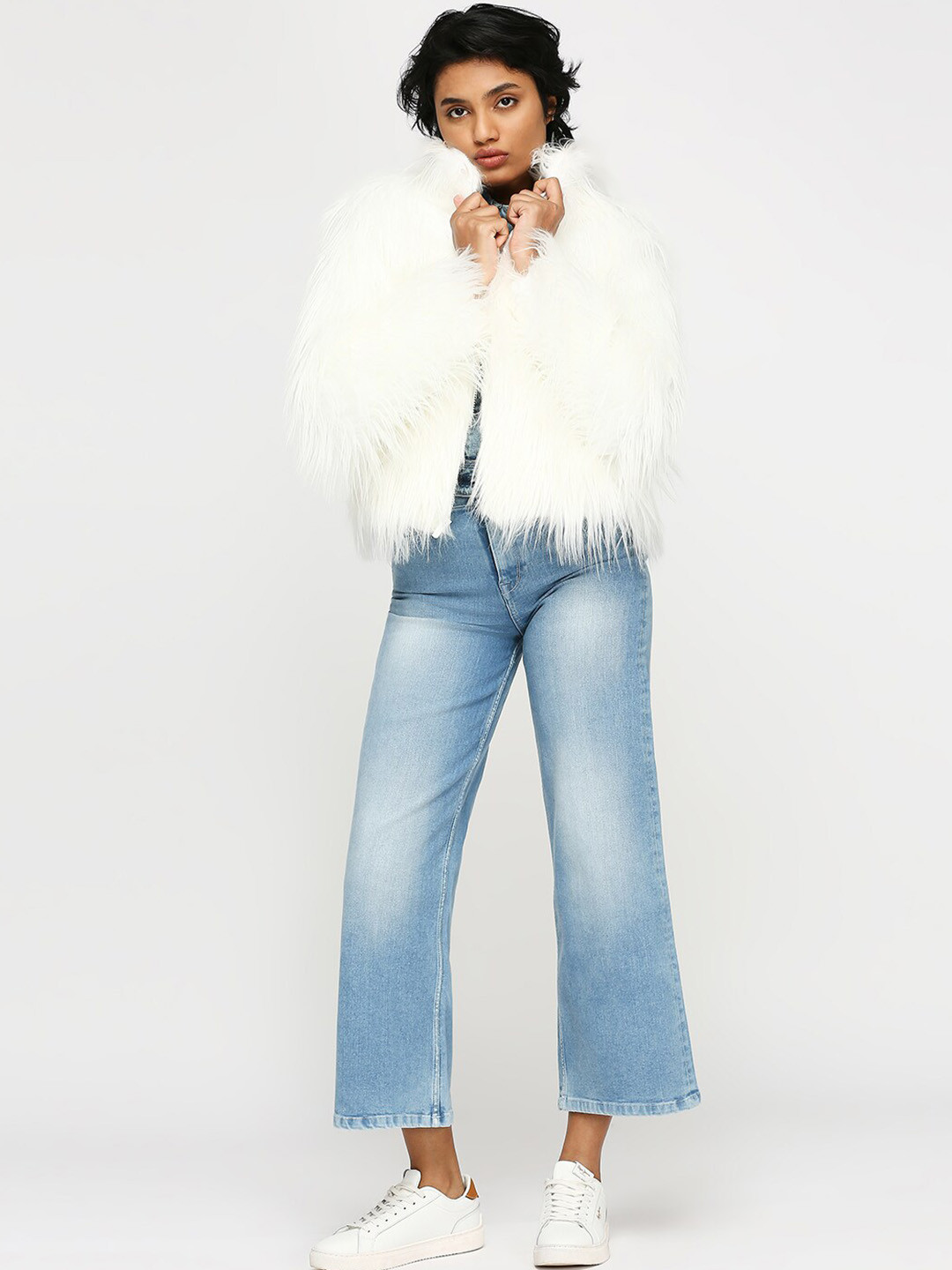 Pepe Jeans Self Design Faux Fur Trim Open Front Jacket
