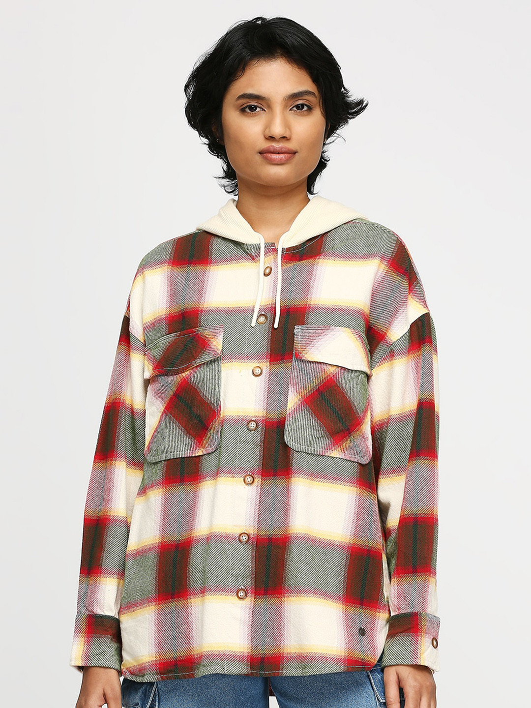 Pepe Jeans Hooded Checked Pure Cotton Oversized Shacket