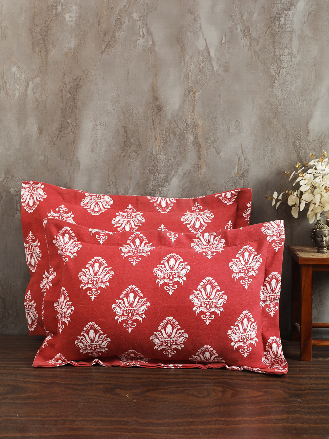 Soumya Maroon & White 2 Pieces Ethnic Motifs Cotton Pillow Covers