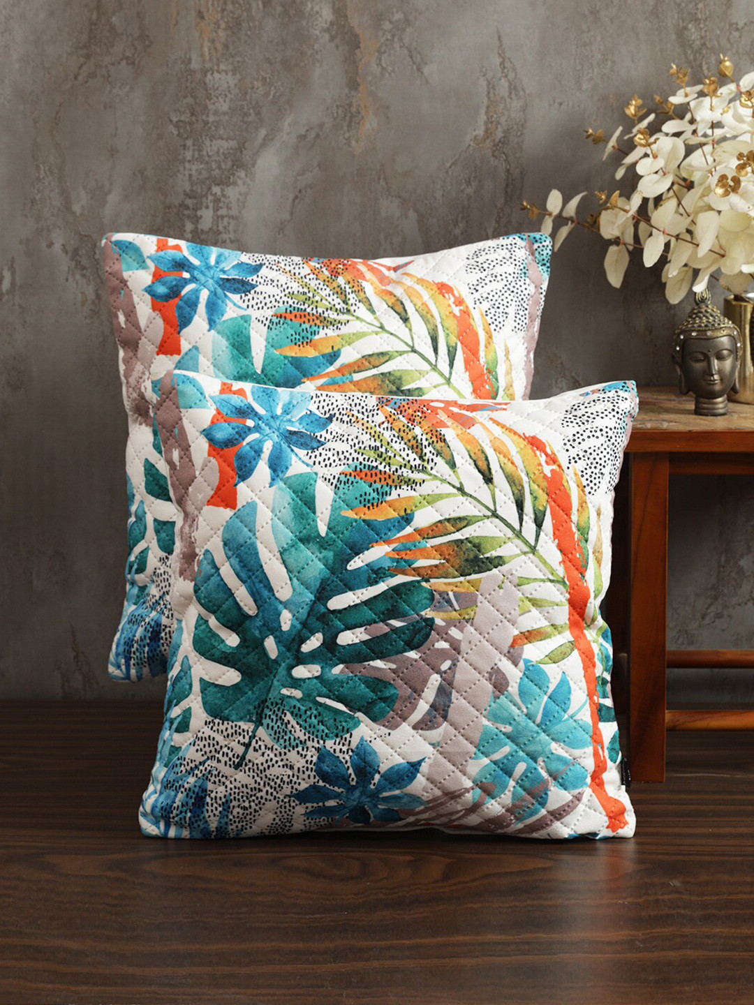 Soumya White & Blue 2 Pieces Geometrical Printed Quilted Square Velvet Cushion Covers