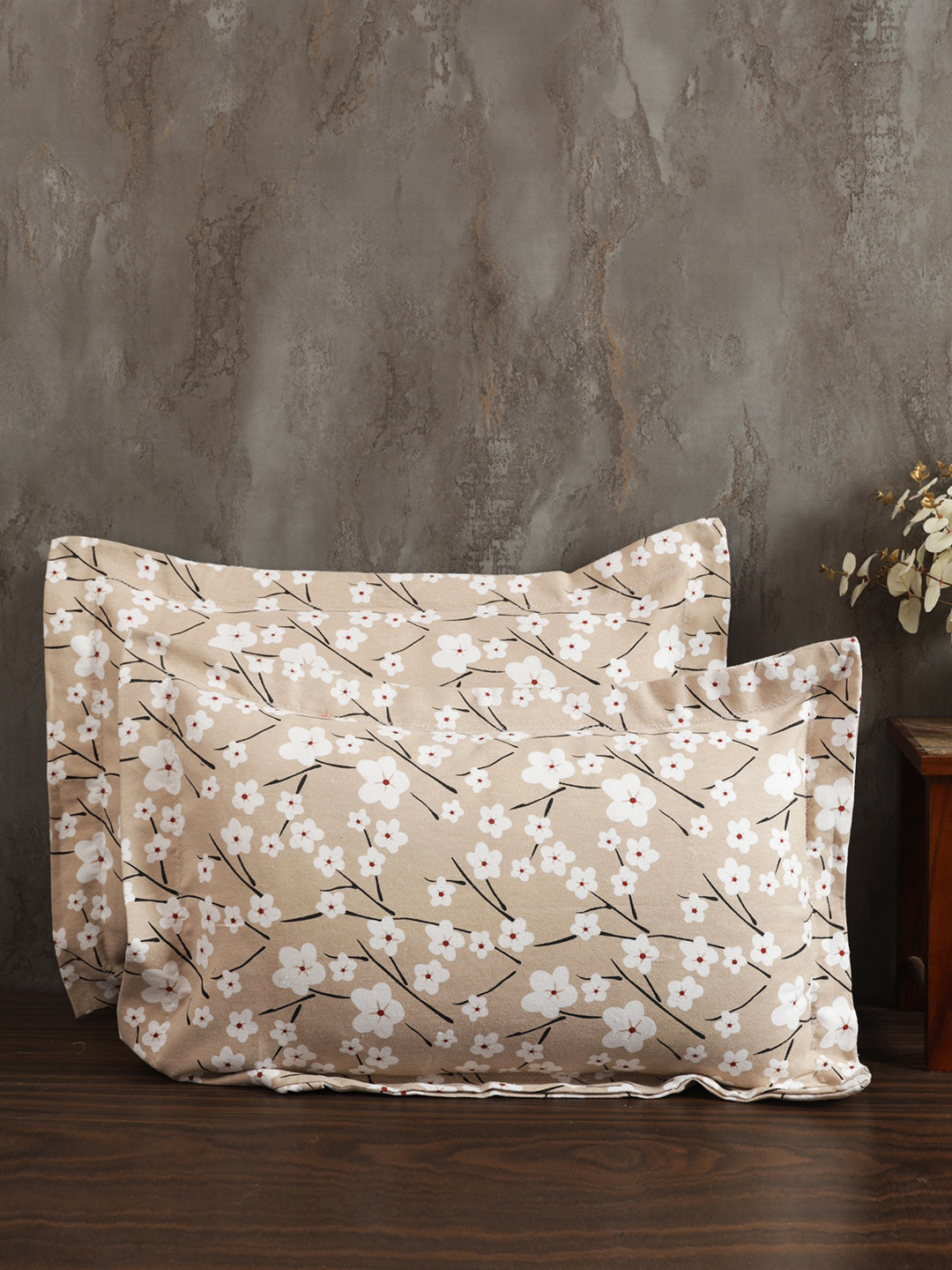Soumya Beige & White 2 Pieces Floral Printed Cotton Pillow Covers