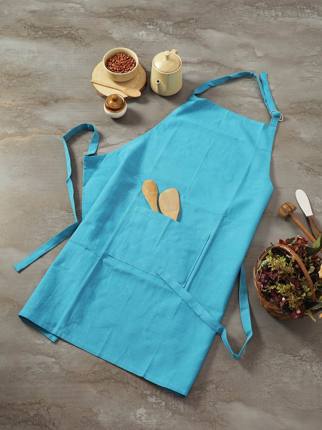 Soumya Turquoise Blue Solid Cotton Kitchen Apron with Front Pocket
