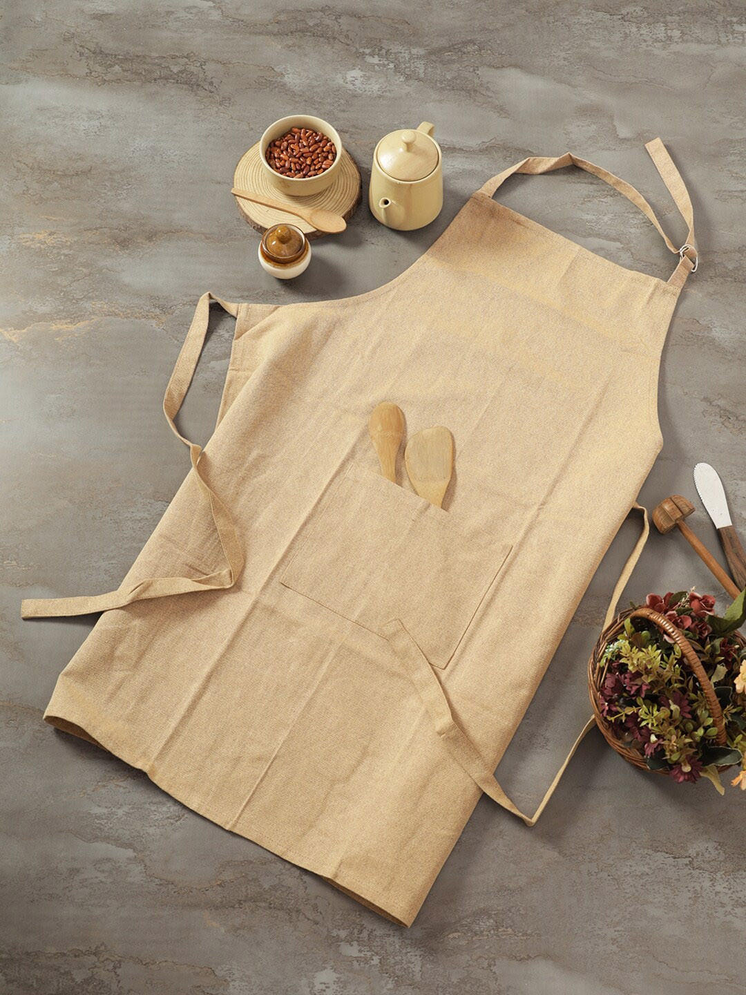 Soumya Beige Solid Cotton Kitchen Apron with Front Pocket