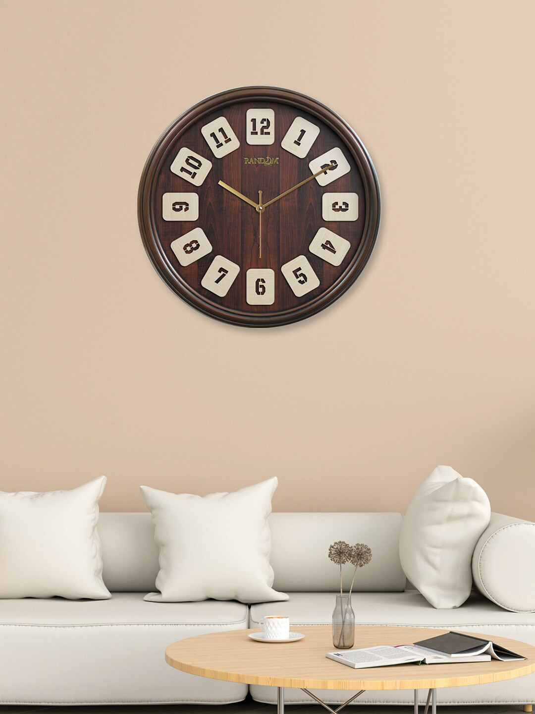 RANDOM Brown Round Shape Contemporary Step Movement Analogue Wall Clock