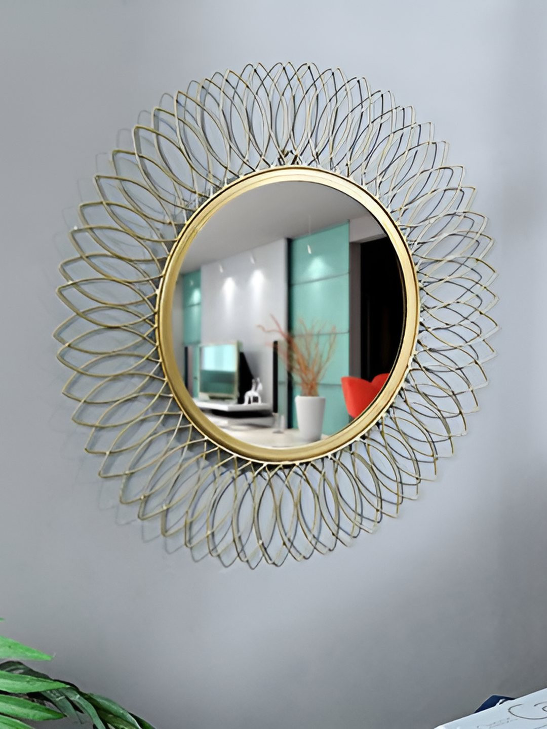 GIG Handicrafts Yellow Leaf Design Stainless Steel Metal Round Glass Wall Mirror