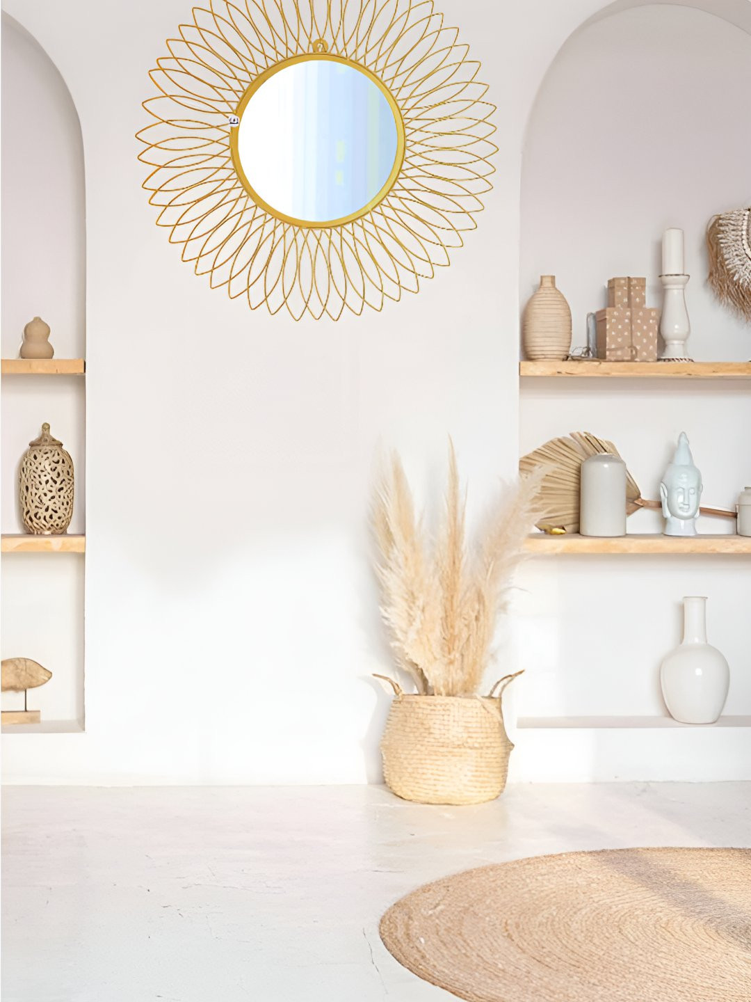 GIG Handicrafts Gold Leaf Design Stainless Steel Metal Round Glass Wall Mirror