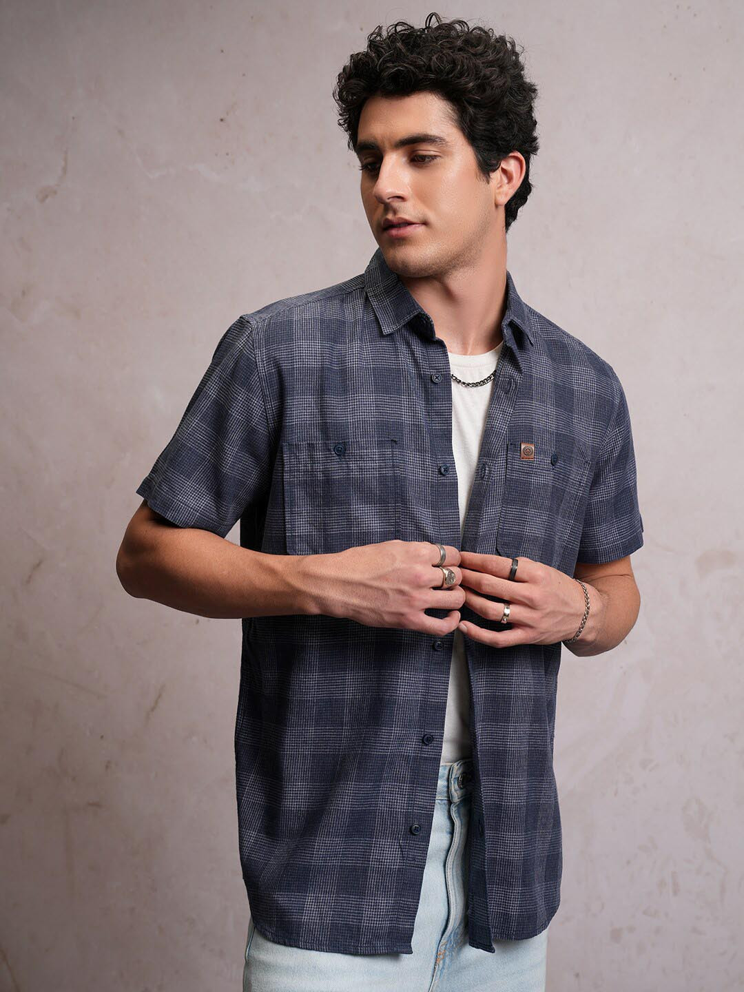 Locomotive Men Blue Linen Blend Checked Utility Pocket Regular Shirt