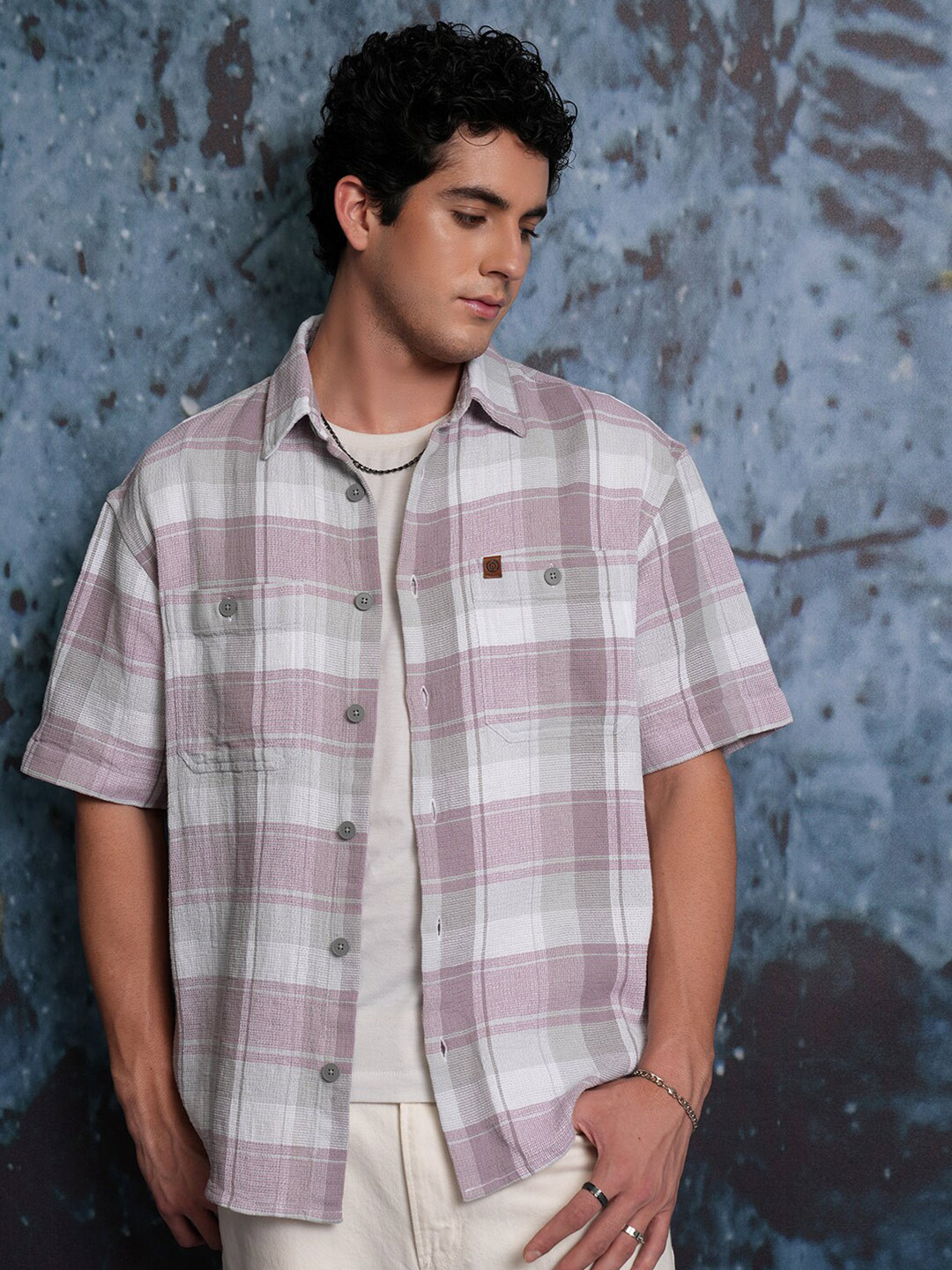 Locomotive Men Pink Mock Lino Dobby Textured Checked Utility Pocket Oversized Shirt