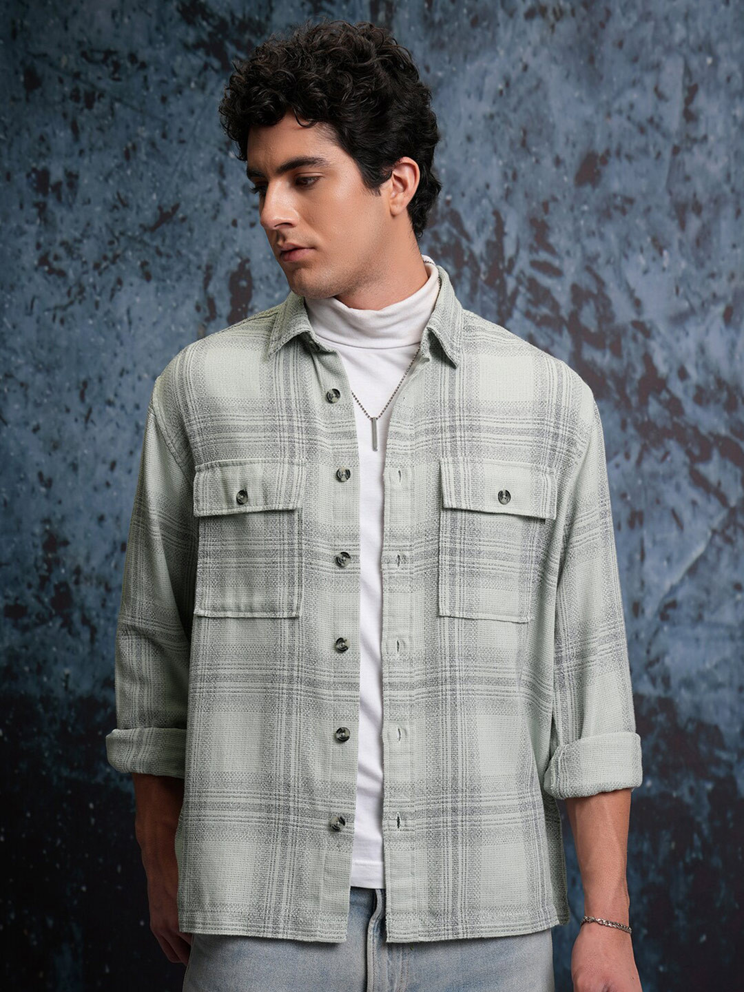 Locomotive Grindle Mock Lino Dobby Textured Tartan Checked Oversized Overshirt