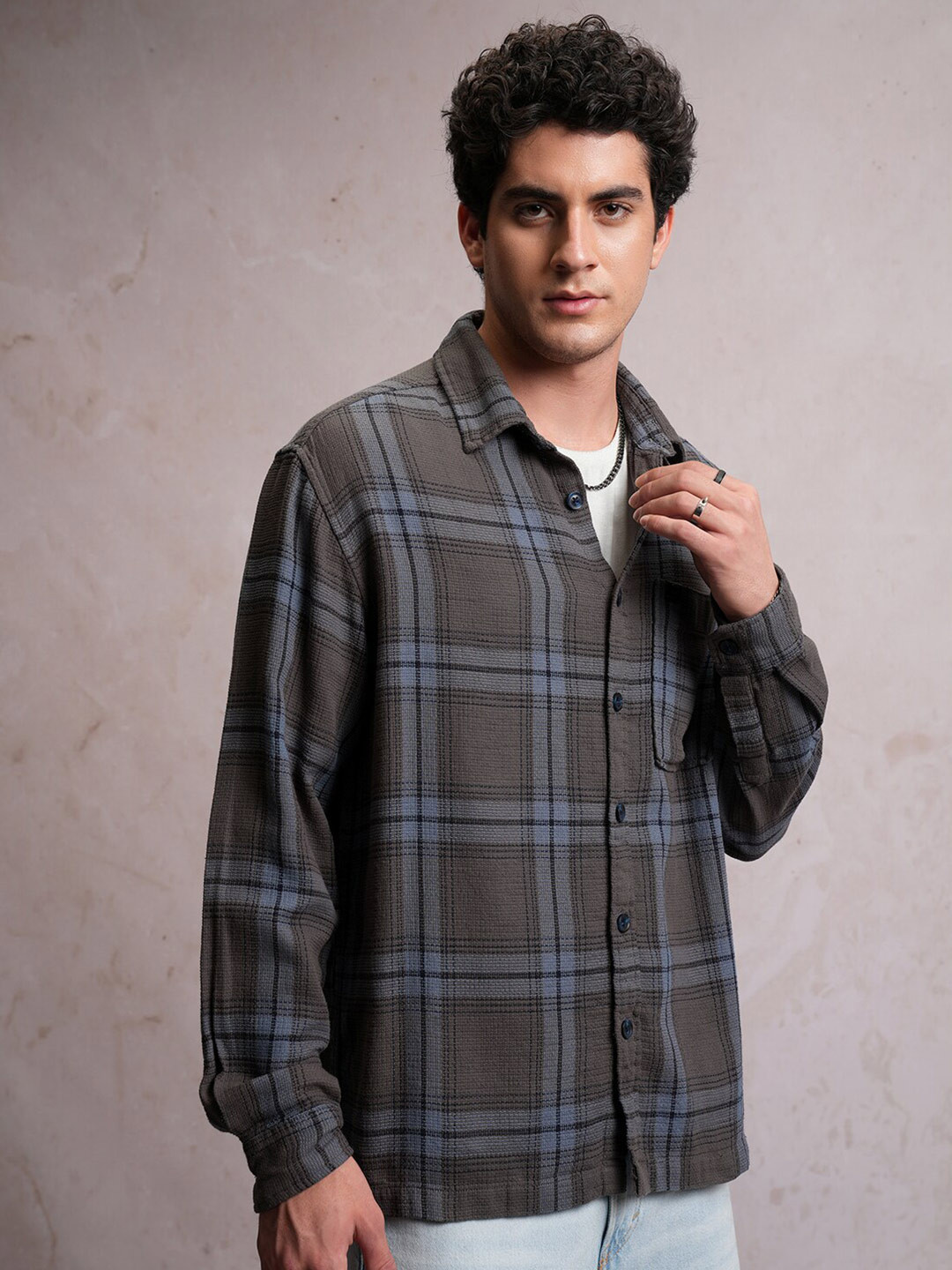 LOCOMOTIVE Dobby Textured Checked Oversized Pure Cotton Overshirt