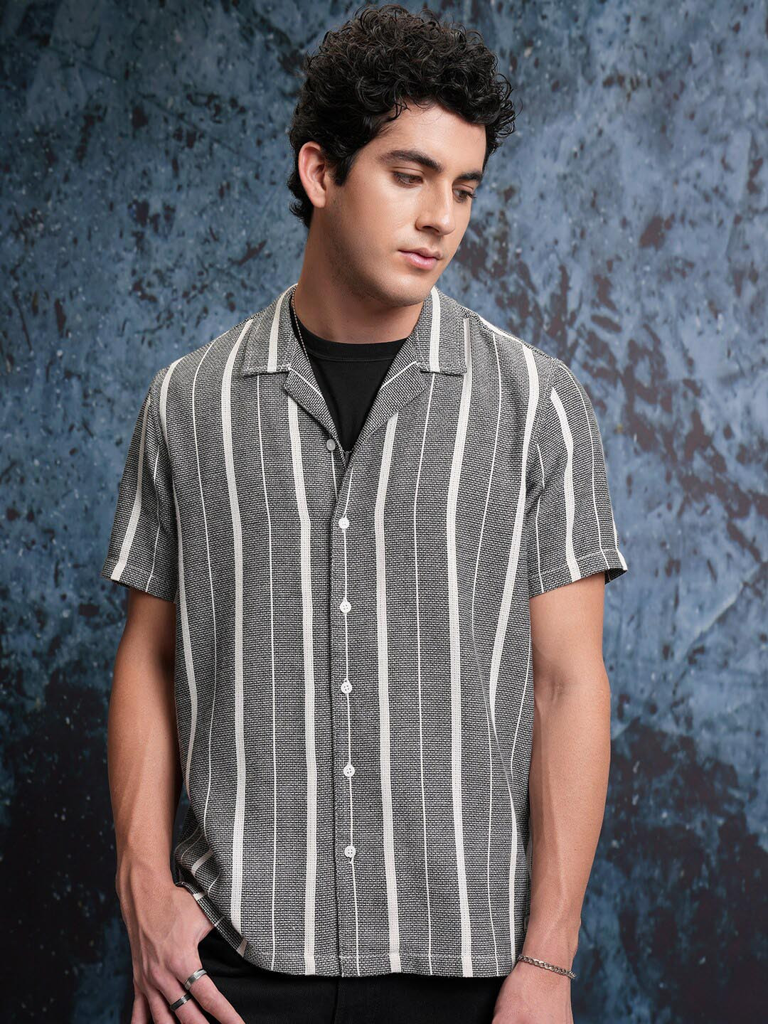 LOCOMOTIVE Premium Mock Lino Dobby Textured Striper Camp Collar Shirt