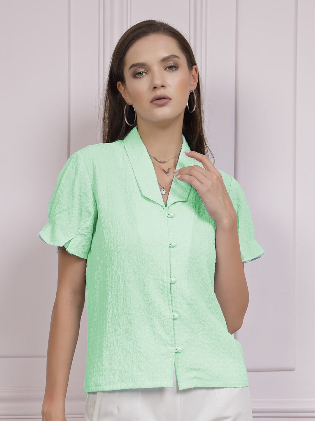 Athena Self Design Textured Puff Sleeves Shirt Style Top