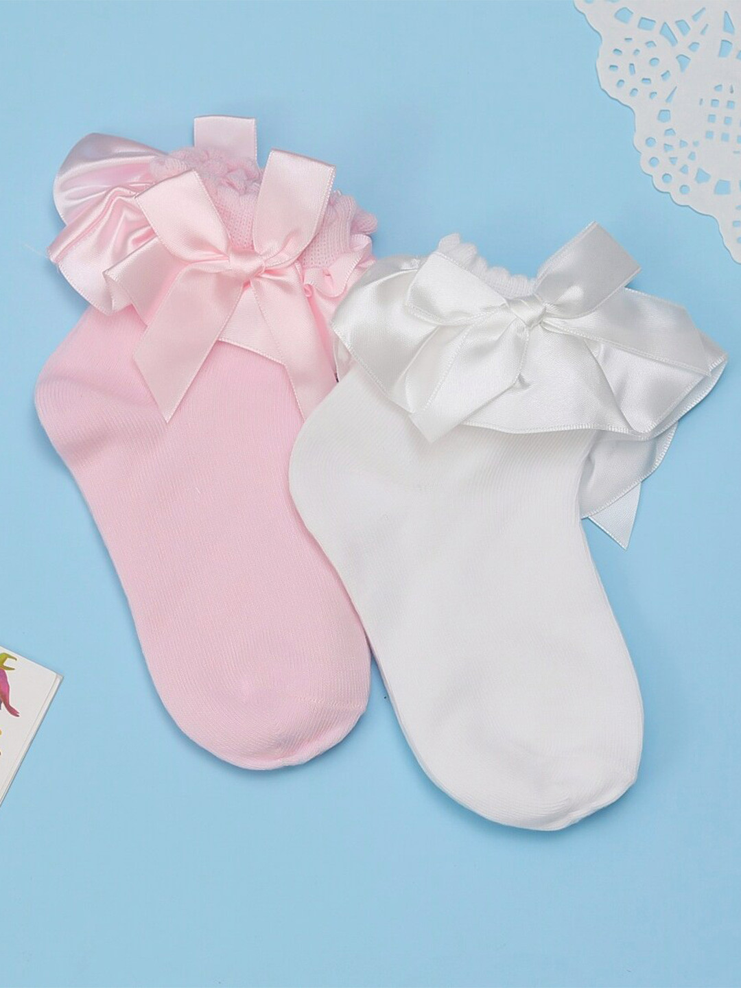 Yellow Bee Girls Pack of 2 Ankle Length Bow Embellished Cotton Socks