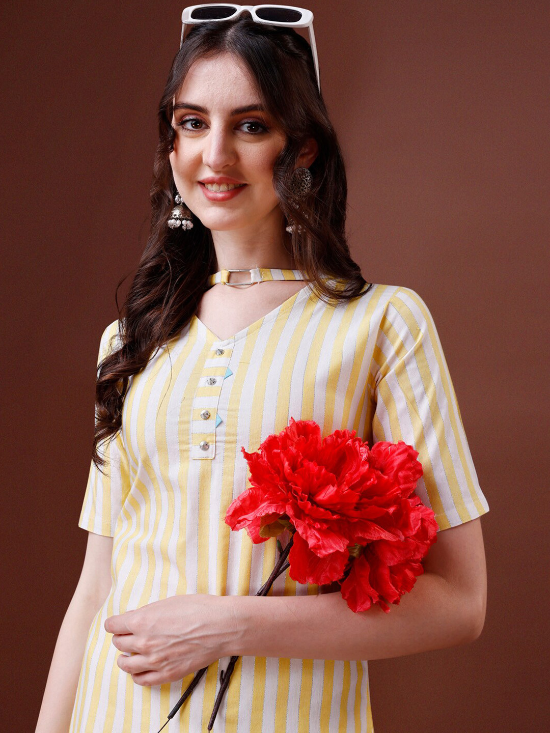 Sangria Yellow Stripted V-Neck Straight Kurta With Trouser