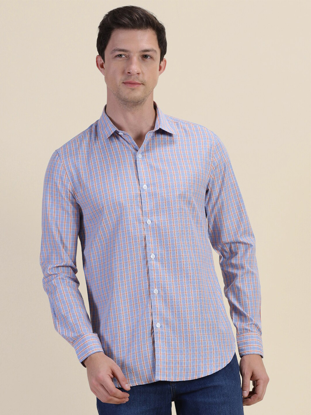 encore by INVICTUS Blue Classic Slim Fit Grid Tattersall Checks Opaque Casual Shirt
