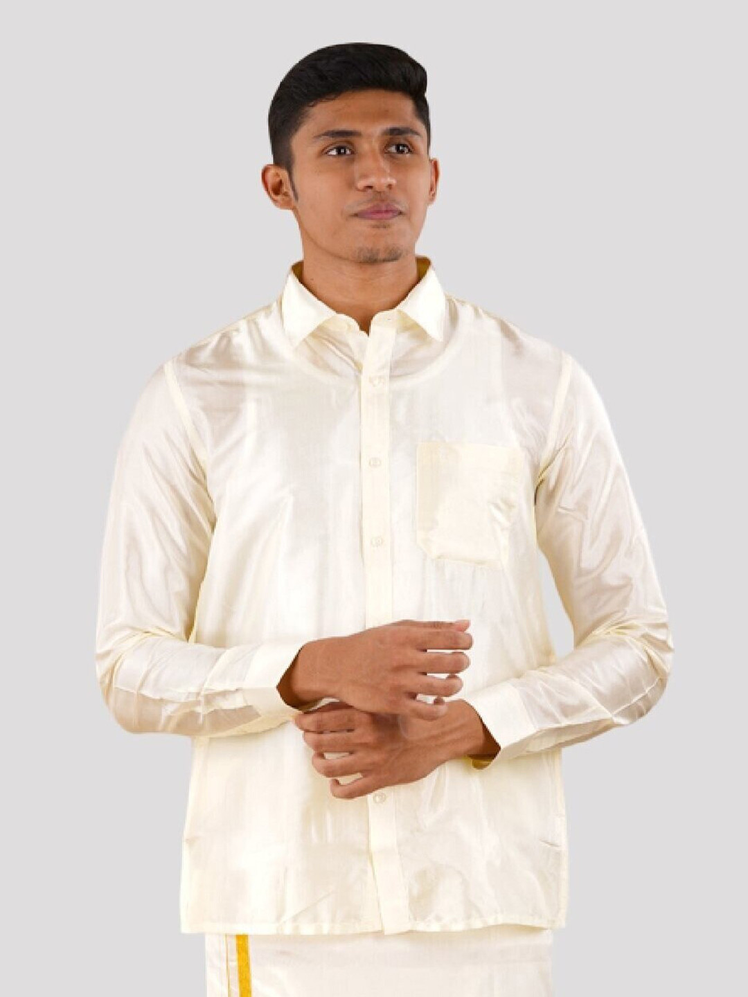 Ramraj Men Shirt with Readymade Panchakacham Dhoti and Towel Art Silk