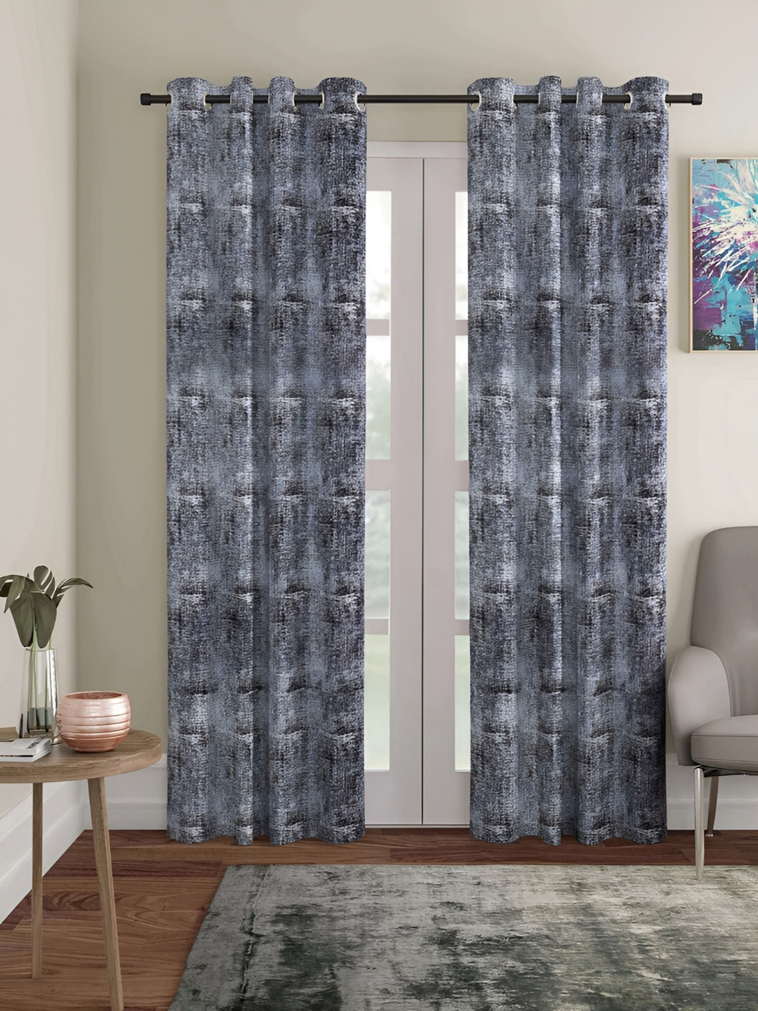 ERIC LONDON Grey & Black 2 Pieces Abstract Printed Room Darkening Long Door Curtains