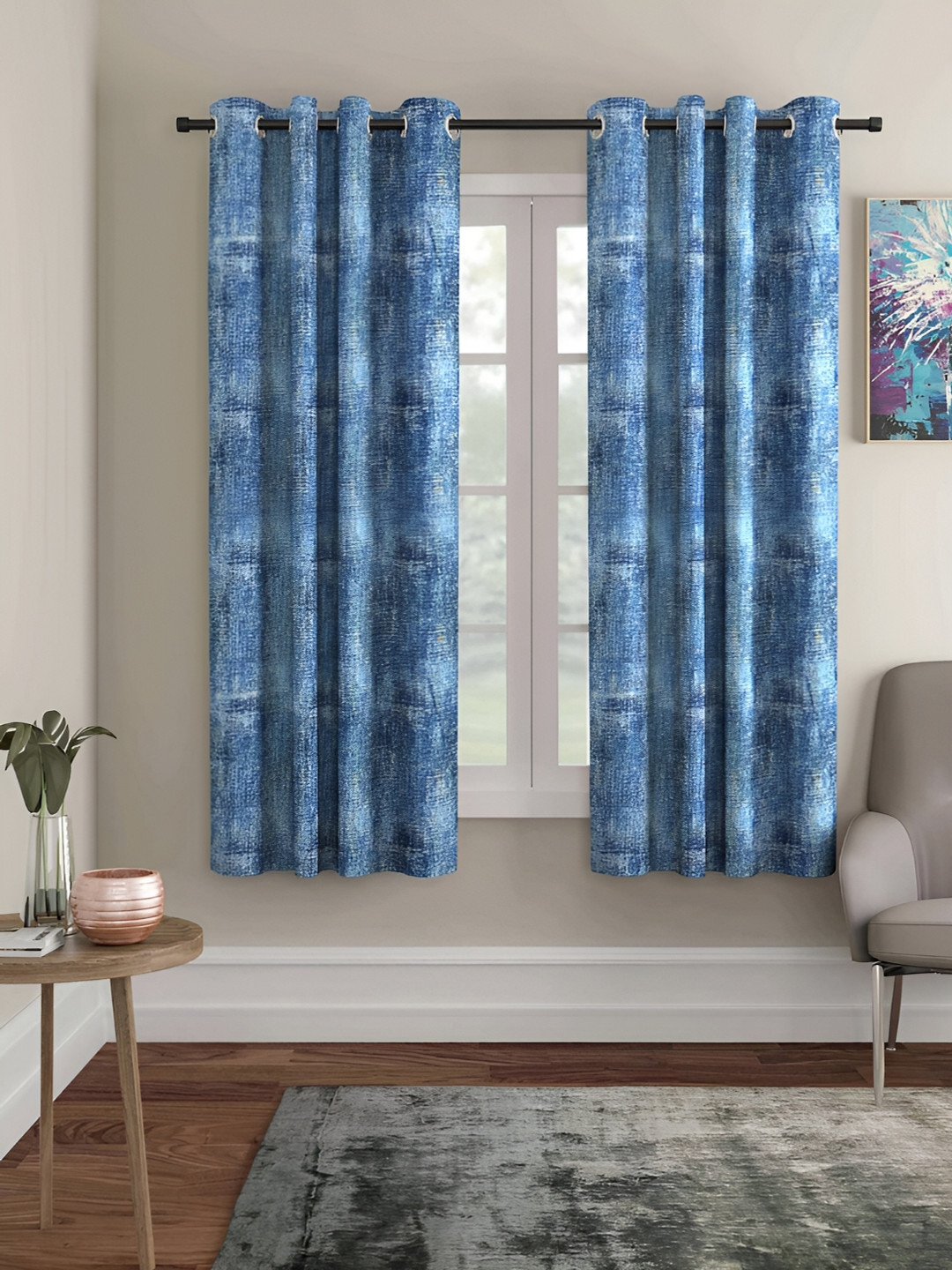 ERIC LONDON Blue 2 Pieces Abstract Printed Room Darkening Window Curtains