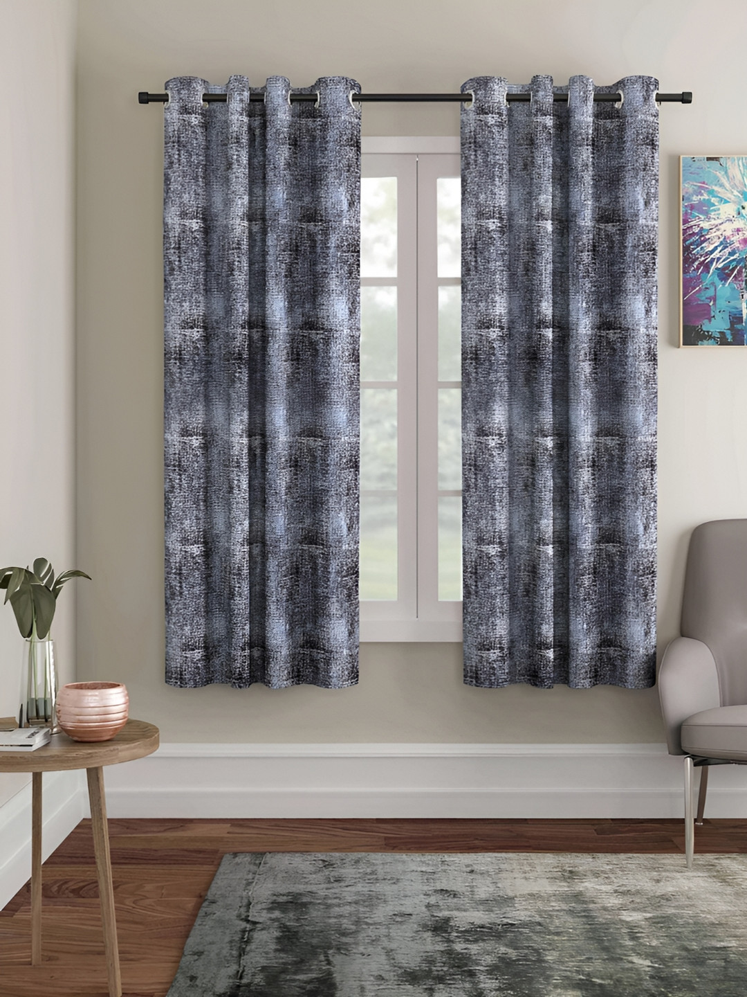 ERIC LONDON Grey & Black 2 Pieces Abstract Printed Room Darkening Long Door Curtains