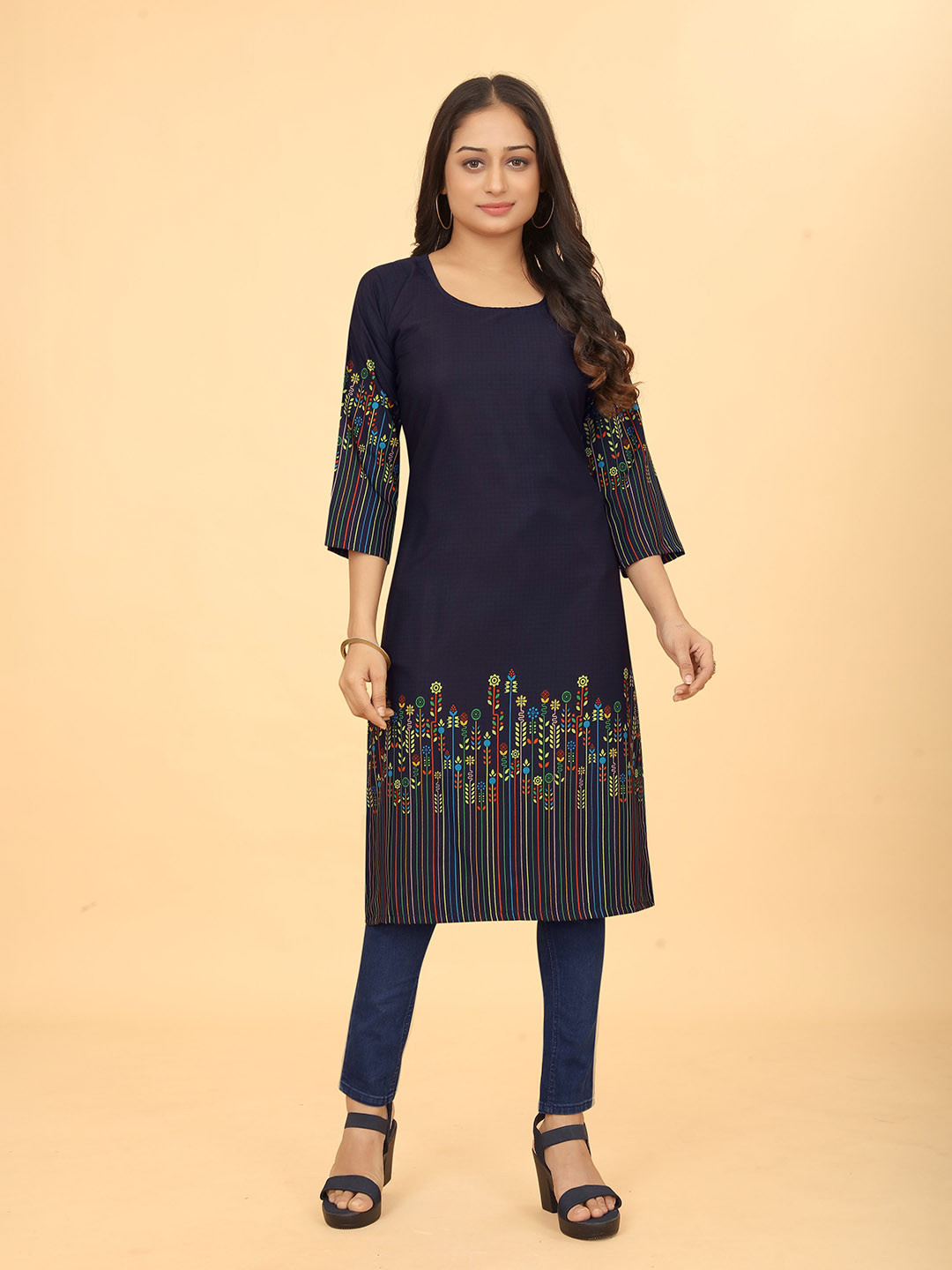 Merwe Floral Printed Round Neck Cotton Kurta