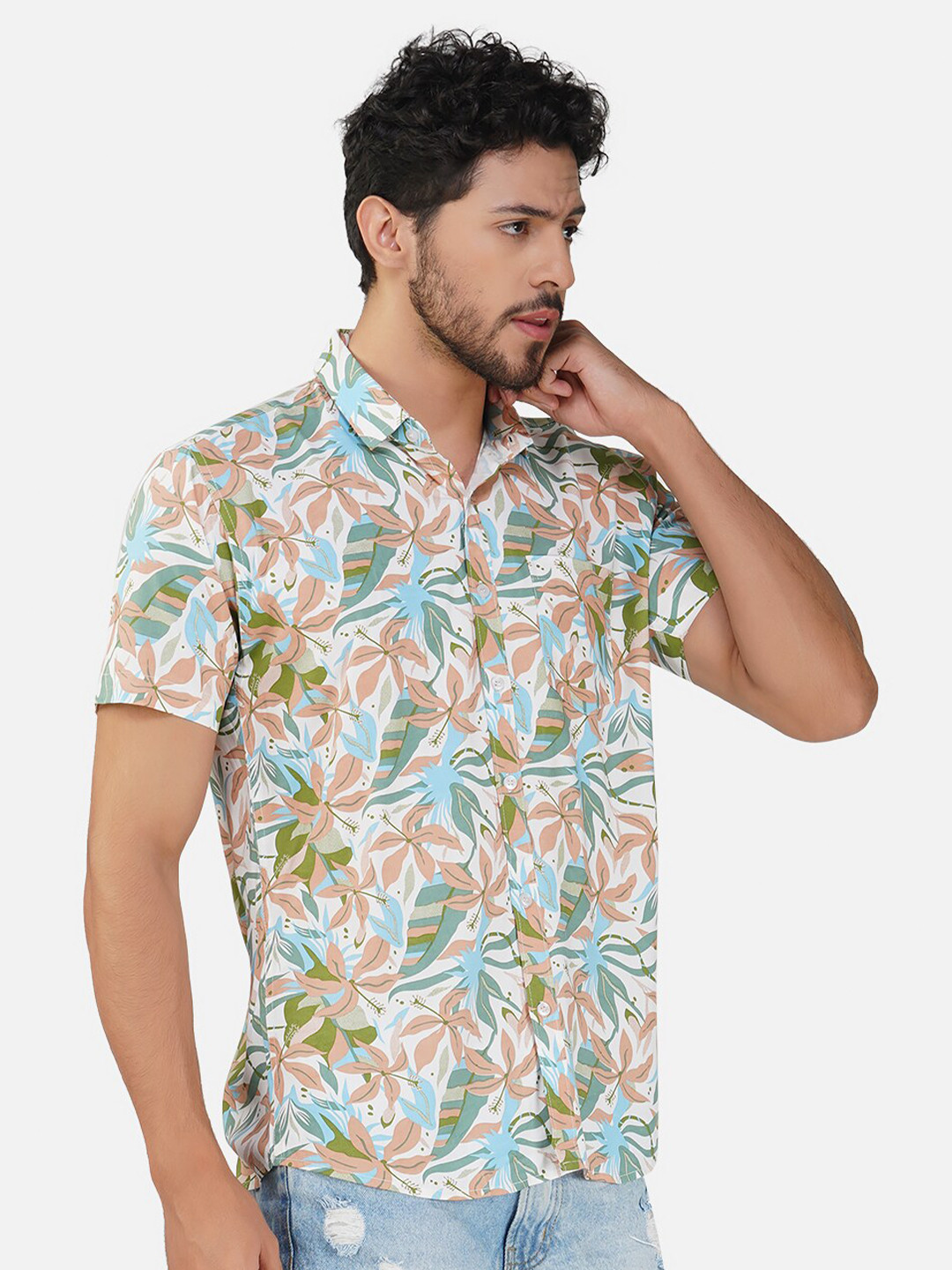 White & Peach Floral Printed Regular Fit Casual Shirt