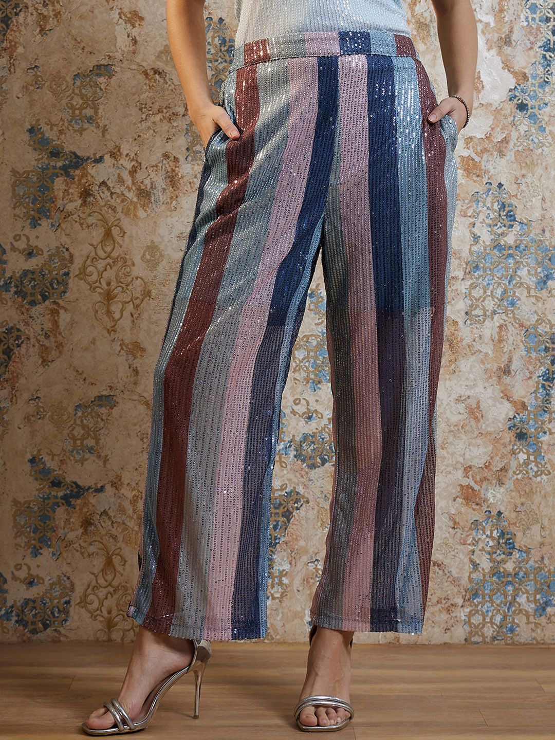 Shally Bhasin by Athena Grey Women Tailored Striped Embellished Sequined Easy Wash Party Parallel Trouser