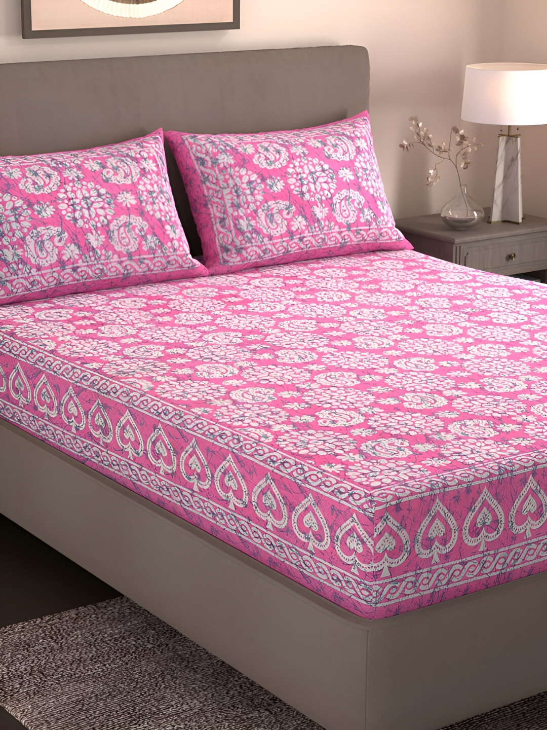 Homez Sparrow Pink Ethnic Motifs Cotton 160 TC King Bedsheet with 2 Pillow Covers-228 x 255 cm
