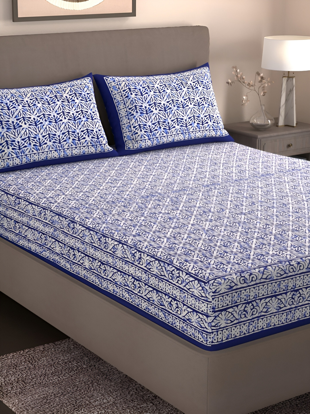 Homez Sparrow Blue Ethnic Motifs Pure Cotton 160 TC King Bedsheet with 2 Pillow Covers-90 x 100 inches