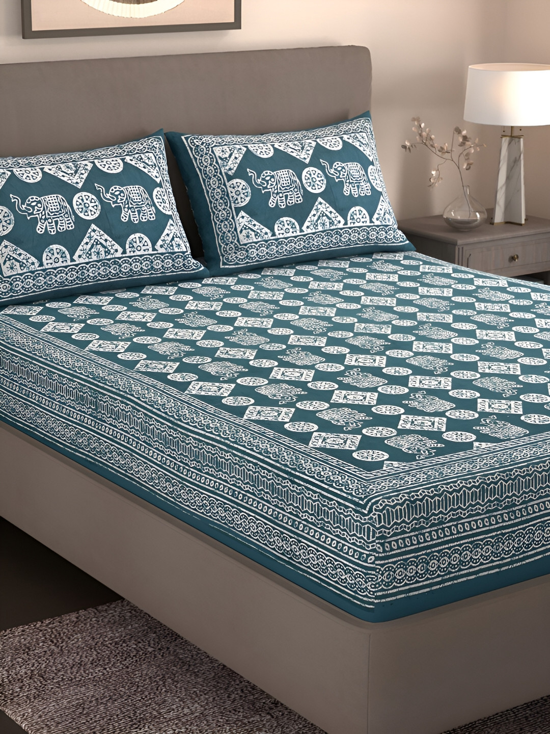Homez Sparrow Teal Ethnic Motifs Cotton 160 TC King Bedsheet with 2 Pillow Covers-228 x 255 cm
