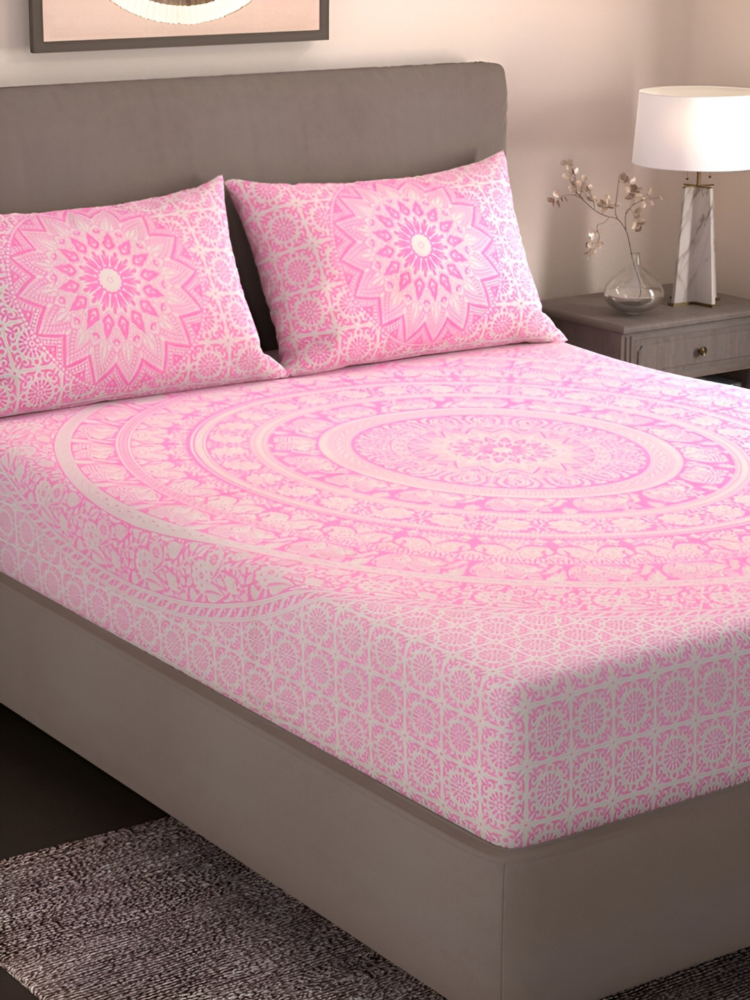 Homez Sparrow Pink Ethnic Motifs Pure Cotton 160 TC Double Bedsheet with 2 Pillow Covers-90 x 100 inches