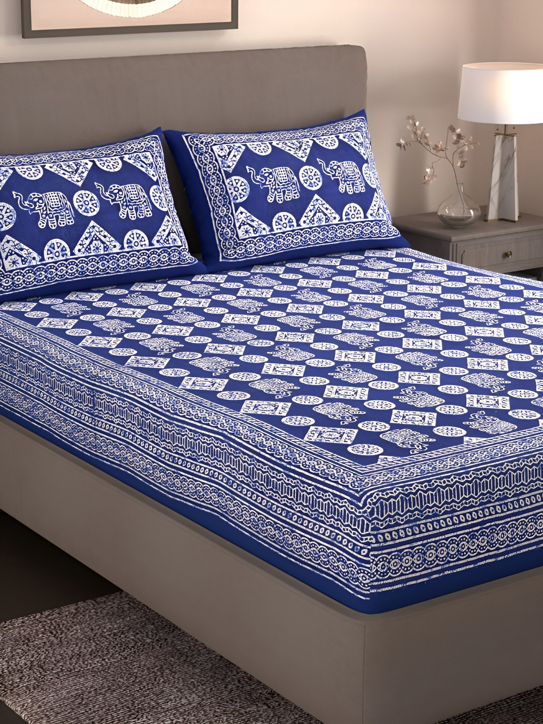 Homez Sparrow Blue Ethnic Motifs Pure Cotton 160 TC King Bedsheet with 2 Pillow Covers-100 x 90 inches