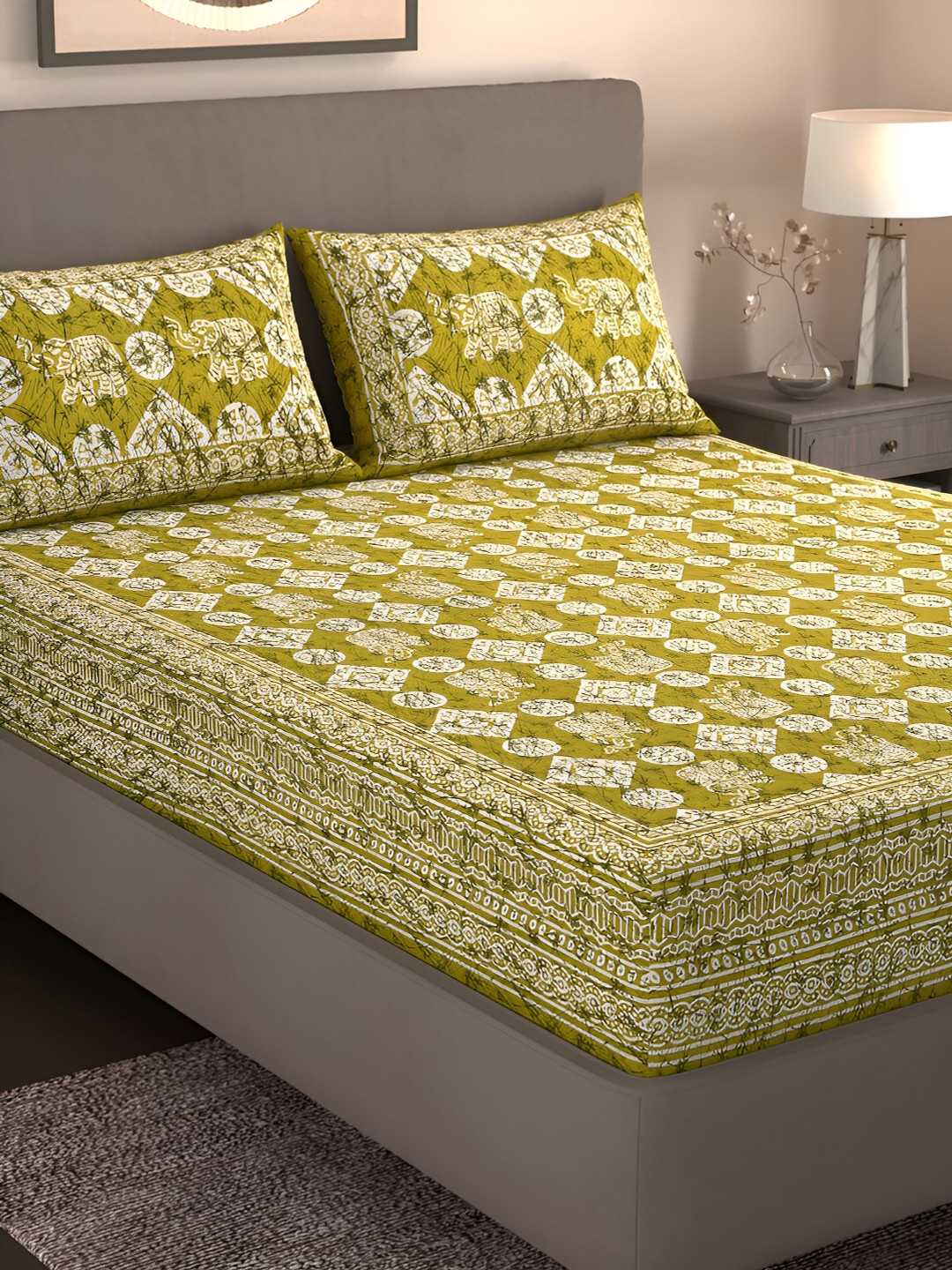 Homez Sparrow All Seasons Mustard Ethnic Motifs Cotton 160 TC King Bedsheet with 2 Pillow Covers-100 x 89 inches