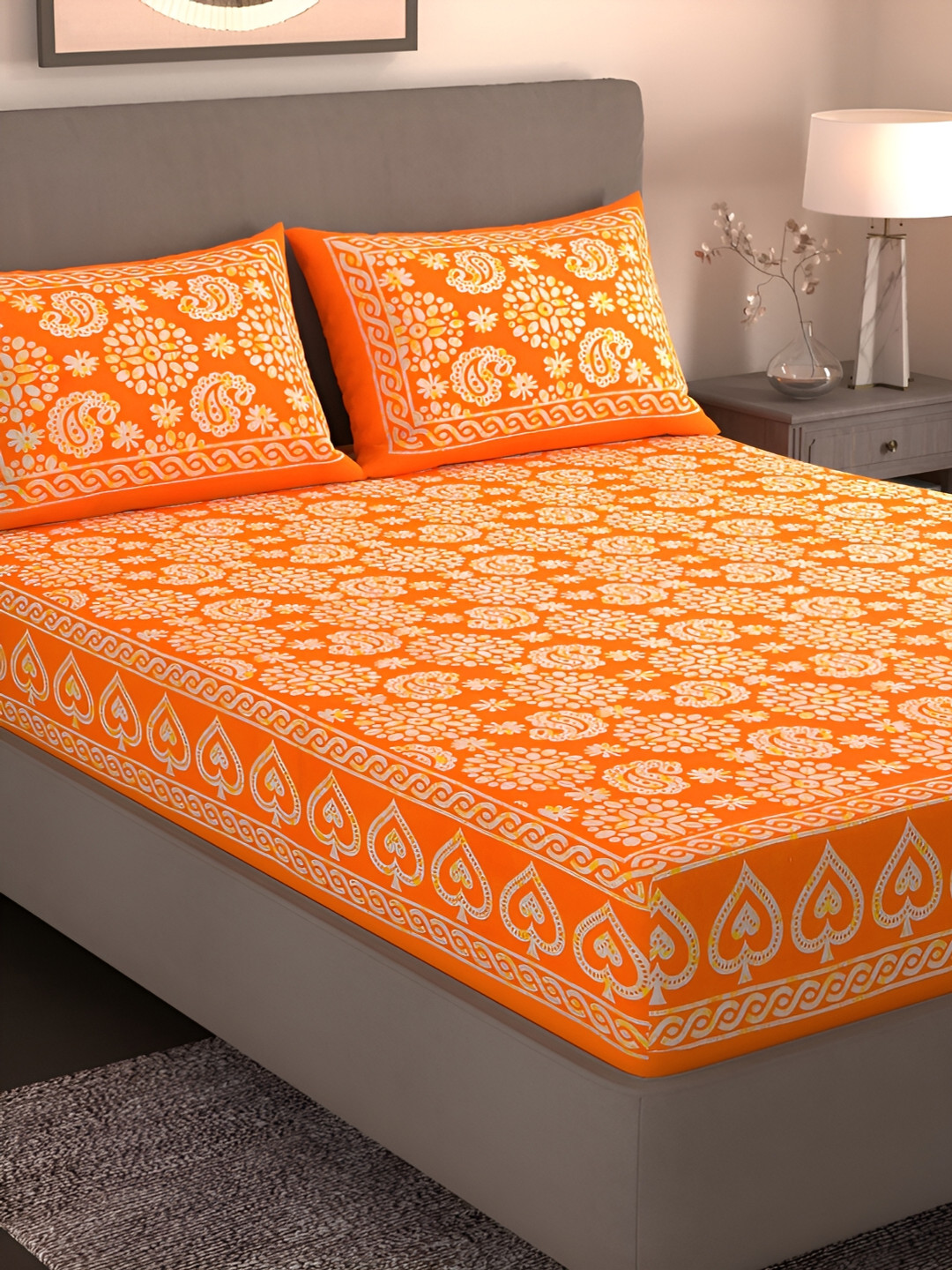 Homez Sparrow Royal Passion Orange Ethnic Motifs Pure Cotton 160 TC King Bedsheet with 2 Pillow Covers-255 x 228 cm