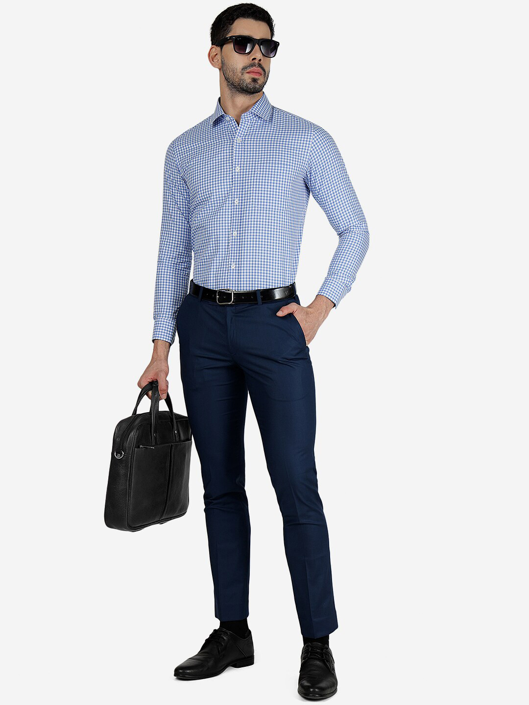 JADE BLUE Slim Fit Grid Tattersall Checks Pure Cotton Formal Shirt