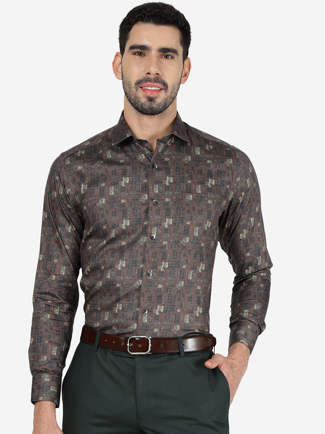METAL Slim Fit Geometric Printed Spread Collar Long Sleeve Pocket Cotton Shirt