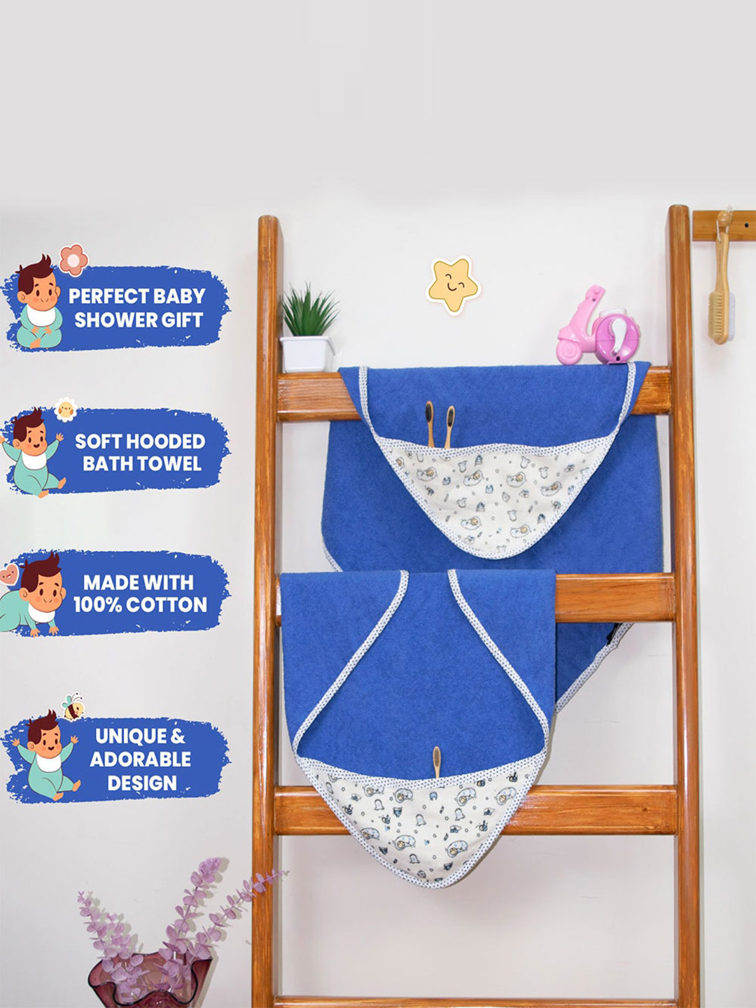 RANGOLI Blue & White 2 Pieces Solid 400 GSM Pure Cotton Baby Bath Towels