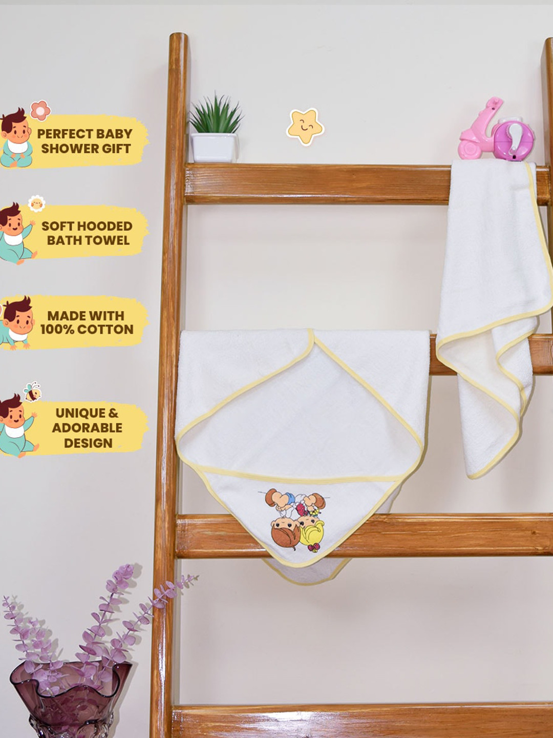 RANGOLI White & Yellow 2 Pieces Solid 400 GSM Pure Cotton Baby Bath Towels