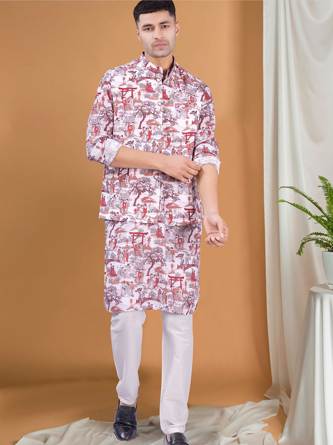 SHIWAM ETHNIX Graphic Printed Band Collar Straight Kurta with Pyjamas & Nehru Jacket