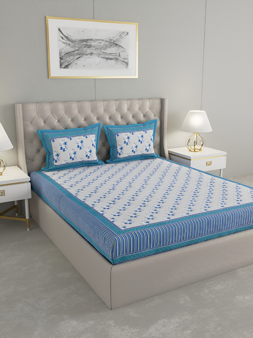 Wayne Martin Amulya Blue Floral Cotton 240 TC King Fine Bedsheet with 2 Pillow Covers-91 x 108 inches