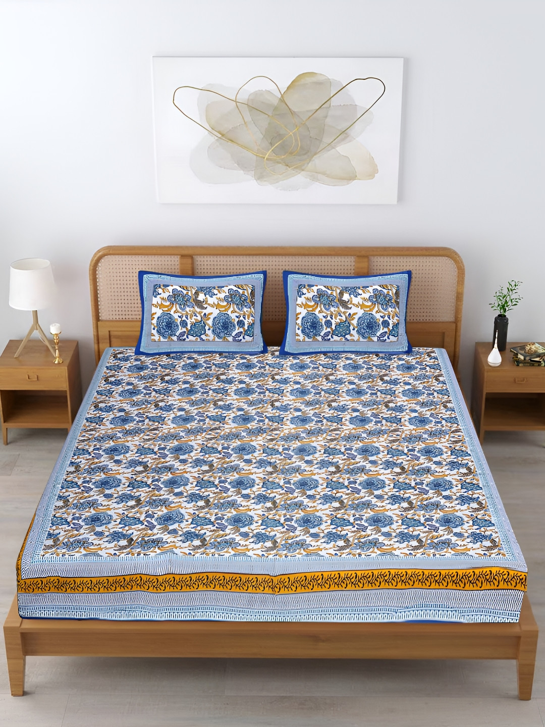 Wayne Martin Ananda Blue Floral Cotton 240 TC King Fine Bedsheet with 2 Pillow Covers-91 x 108 inches