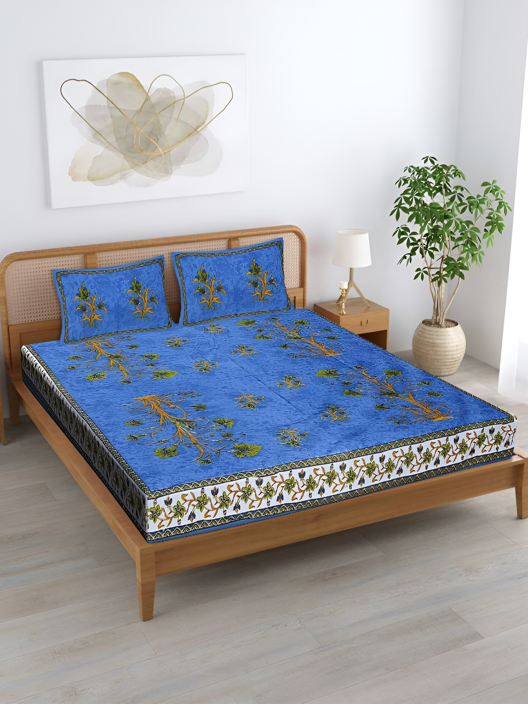Wayne Martin Blue Floral Cotton 240 TC King Fine Bedsheet with 2 Pillow Covers-91 x 108 inches