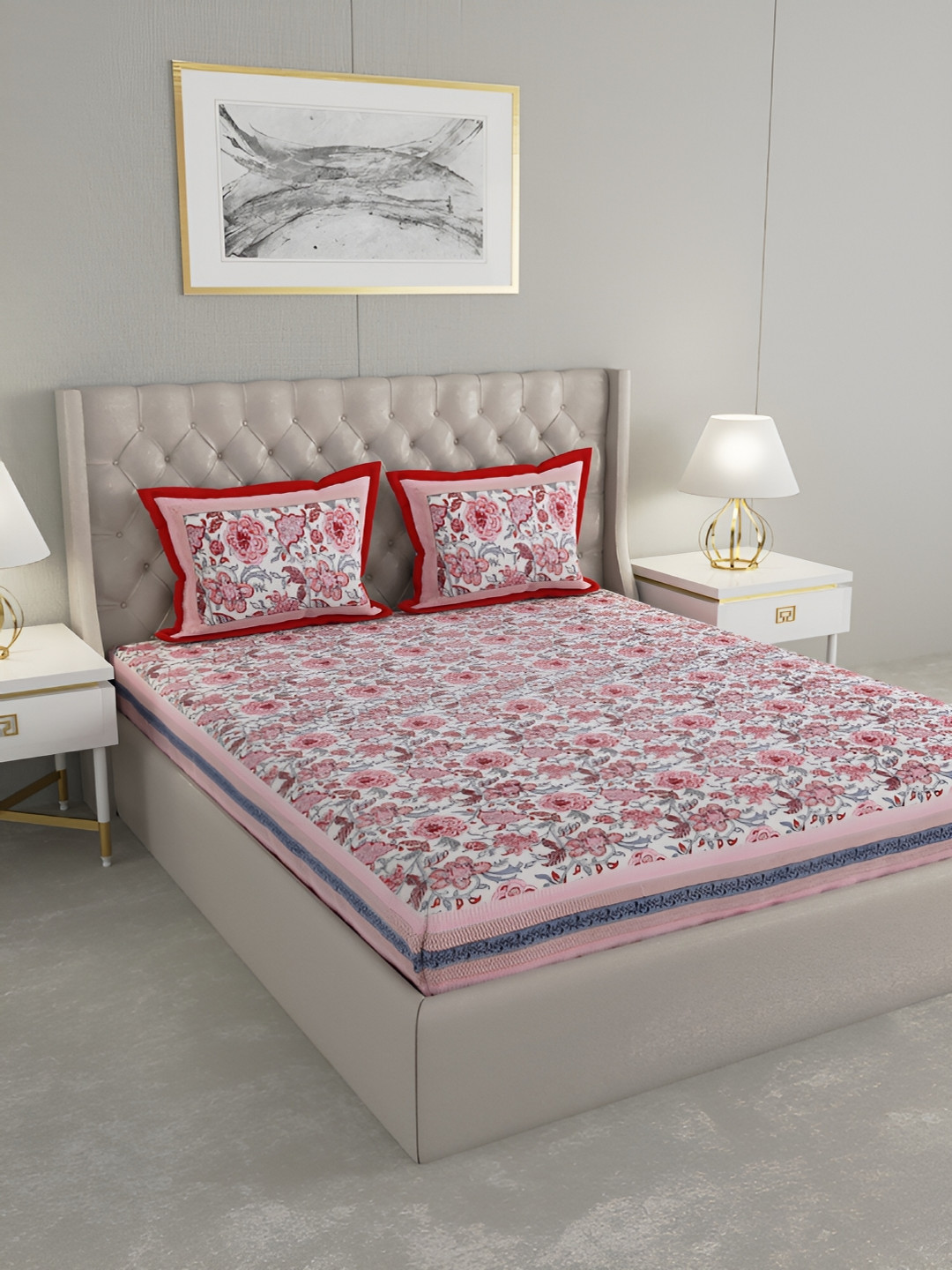 Wayne Martin Red Floral Pure Cotton 600 TC King Fine Bedsheet with 2 Pillow Covers-91 x 108 inches