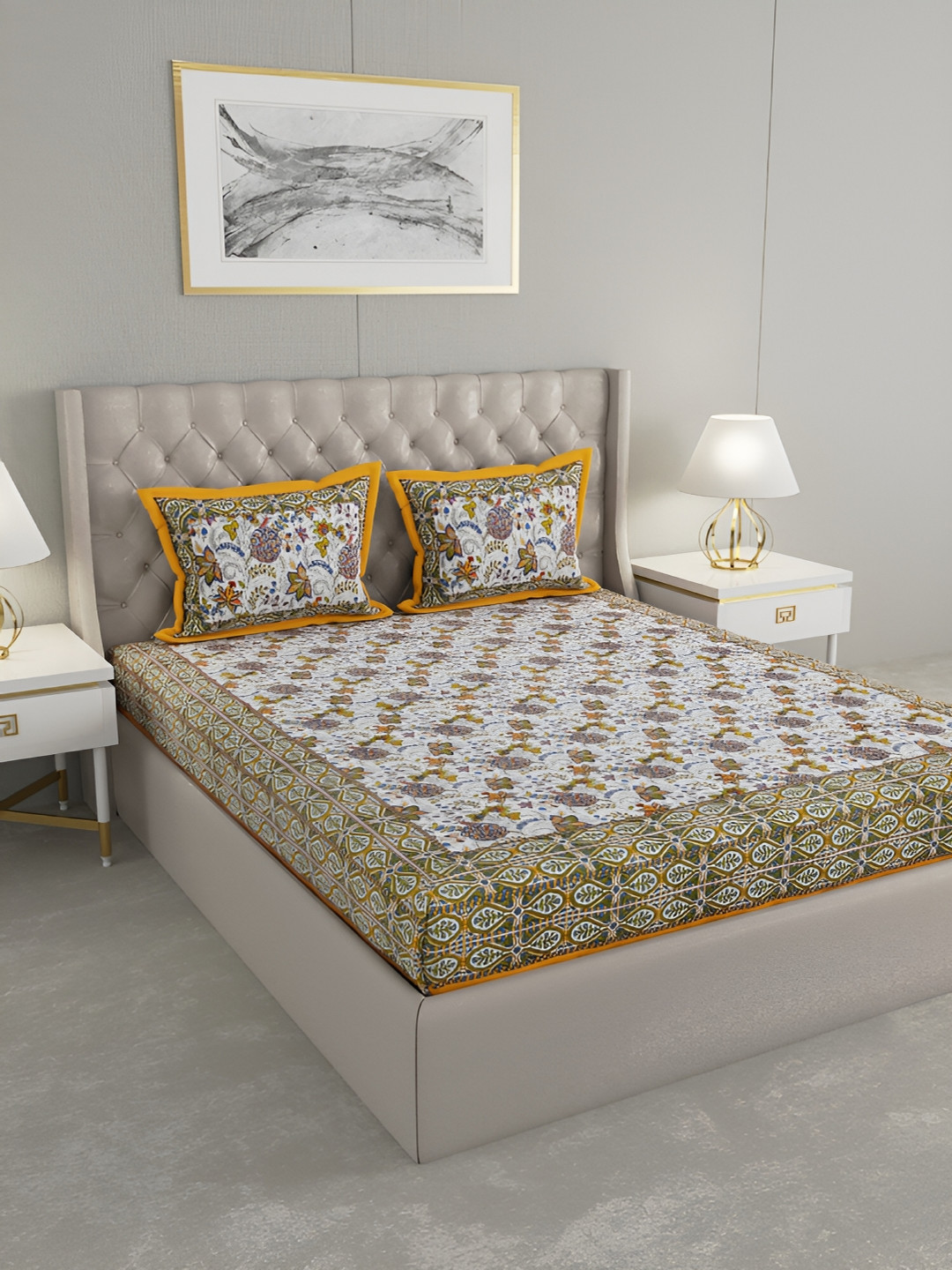 Wayne Martin White Floral Cotton 600 TC King Fine Bedsheet with 2 Pillow Covers-230 x 274 cm