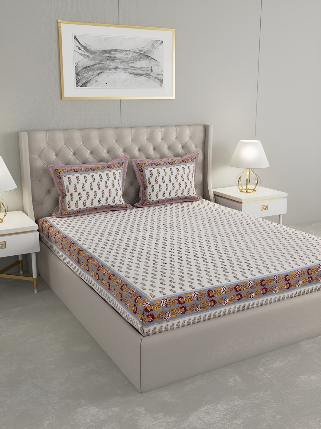 Wayne Martin Brown Floral Pure Cotton 600 TC King Fine Bedsheet with 2 Pillow Covers-91 x 108 inches