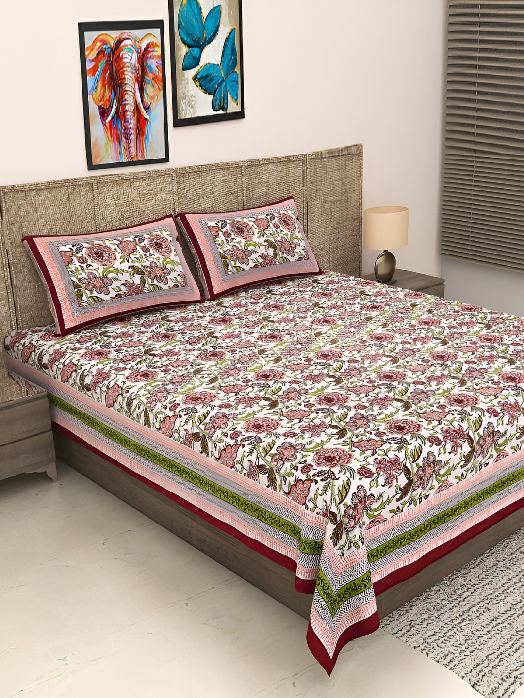 Wayne Martin Pink Floral Pure Cotton 600 TC King Fine Bedsheet with 2 Pillow Covers-91 x 108 inches