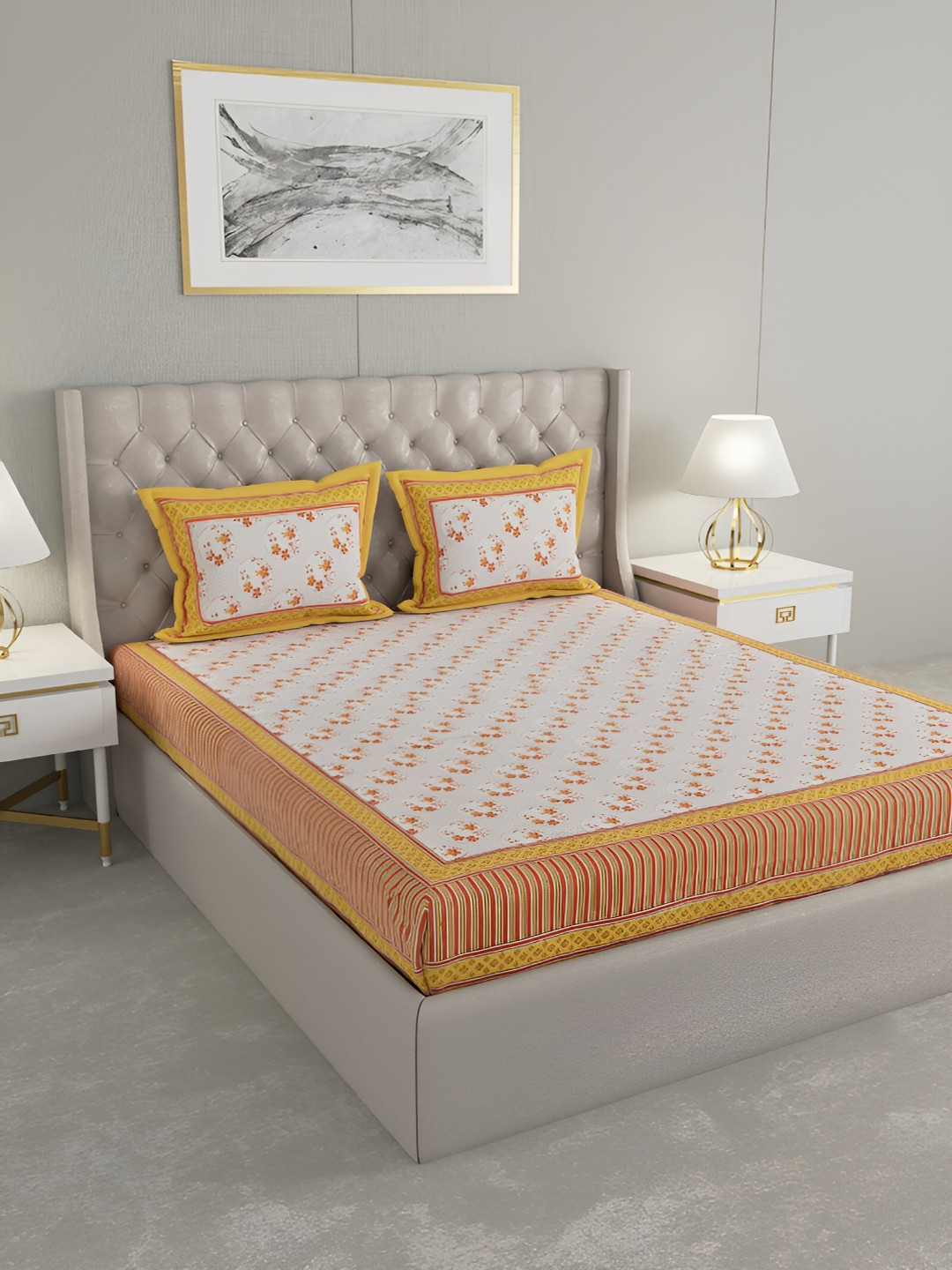 Wayne Martin Orange Floral Pure Cotton 600 TC King Fine Bedsheet with 2 Pillow Covers-91 x 108 inches