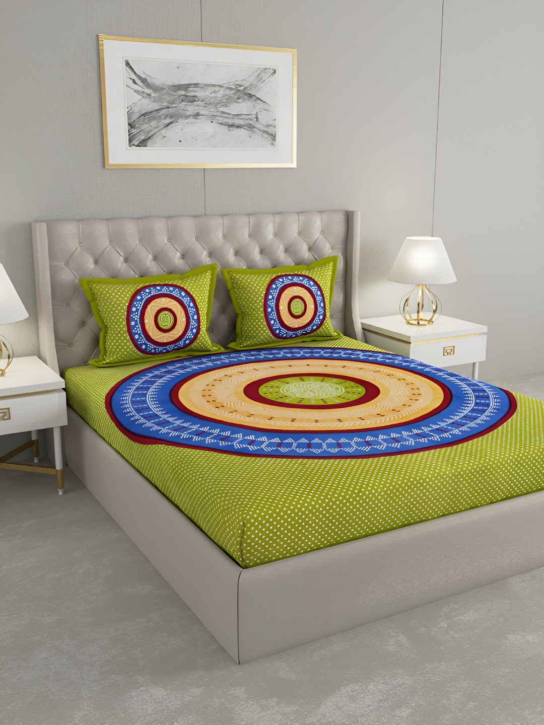 Wayne Martin Green Geometric Cotton 240 TC King Fine Bedsheet with 2 Pillow Covers-230 x 274 cm