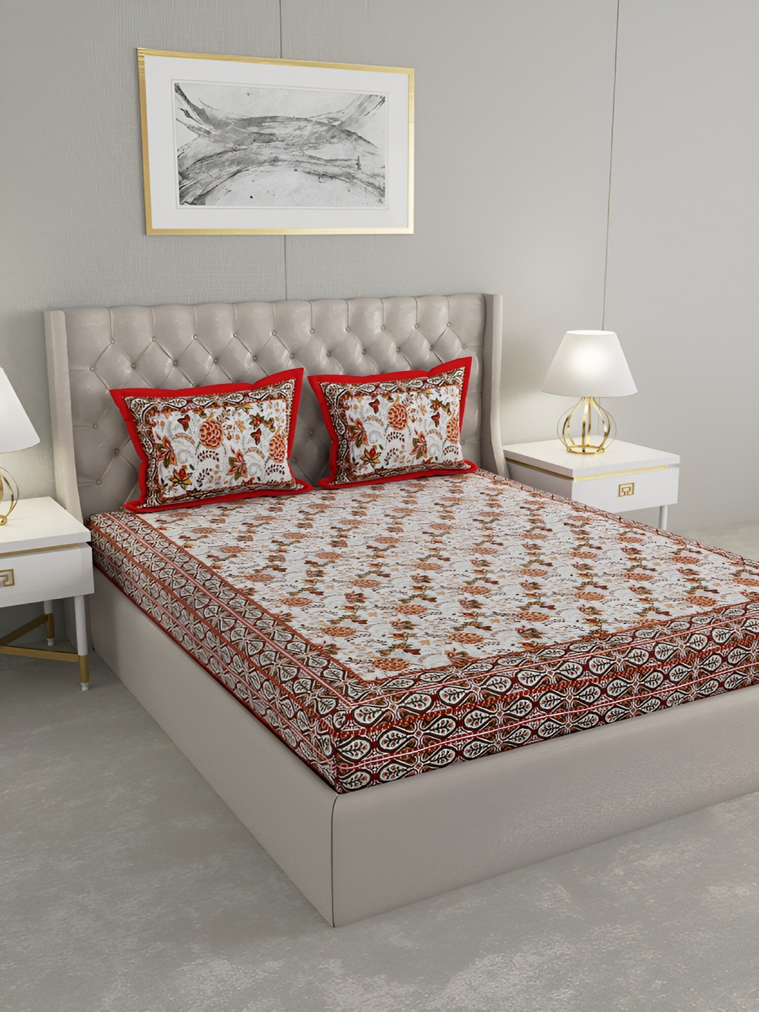 Wayne Martin White Ethnic Motifs Cotton 240 TC King Fine Bedsheet with 2 Pillow Covers-87 x 93 inches
