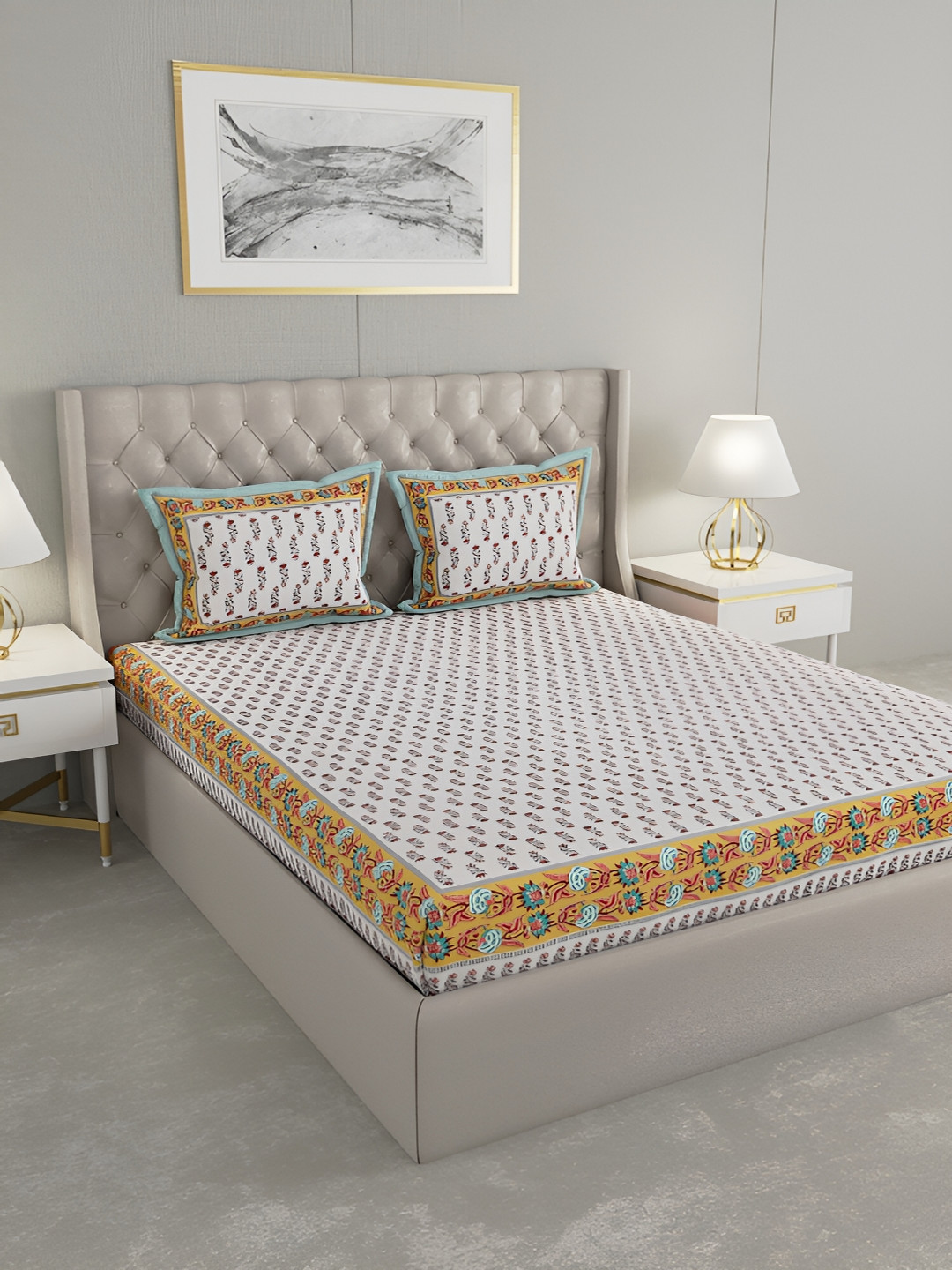 Wayne Martin Cream Floral Cotton 240 TC King Fine Bedsheet with 2 Pillow Covers-91 x 108 inches