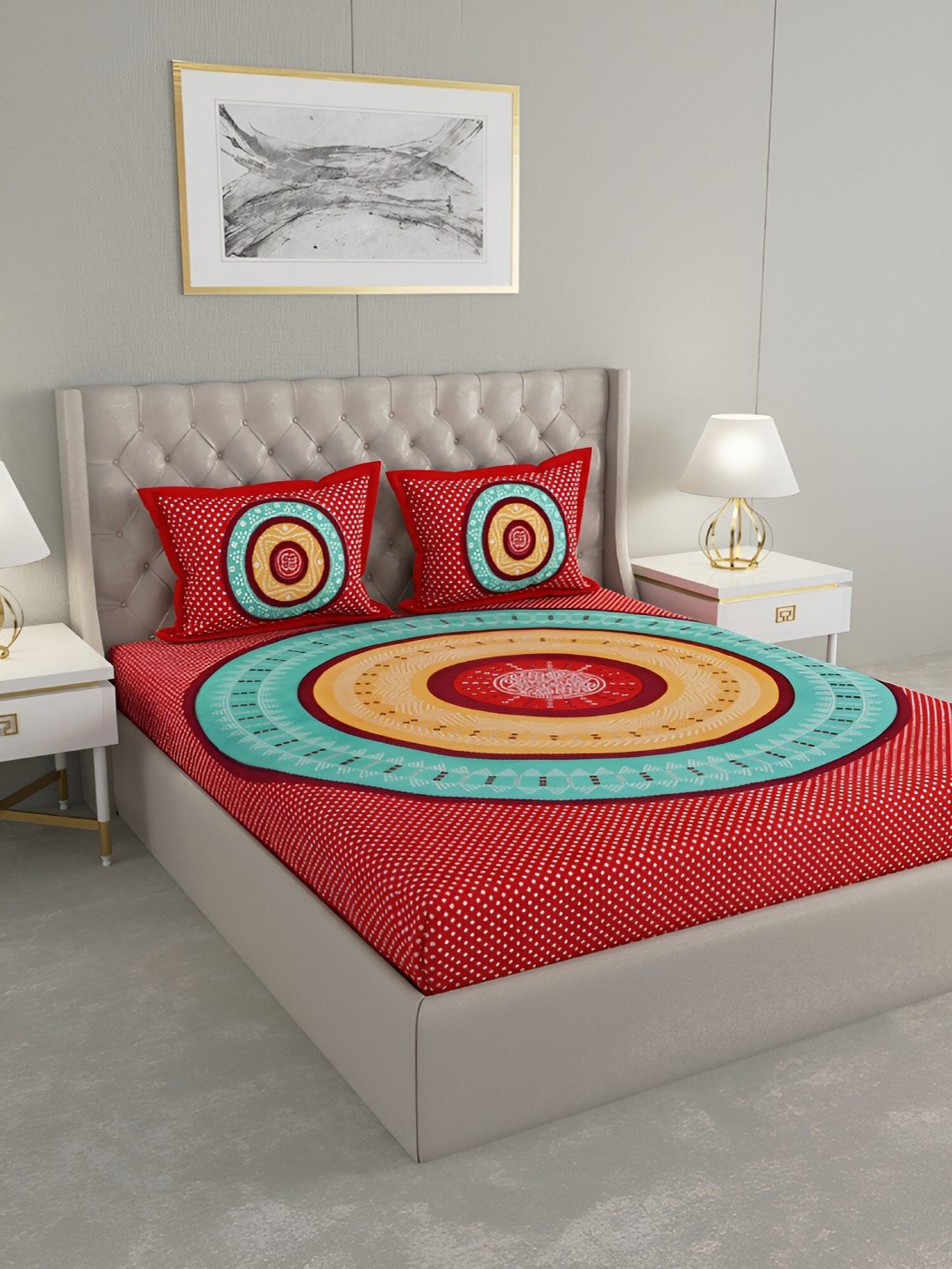 Wayne Martin Red Geometric Cotton 240 TC King Fine Bedsheet with 2 Pillow Covers-230 x 274 cm